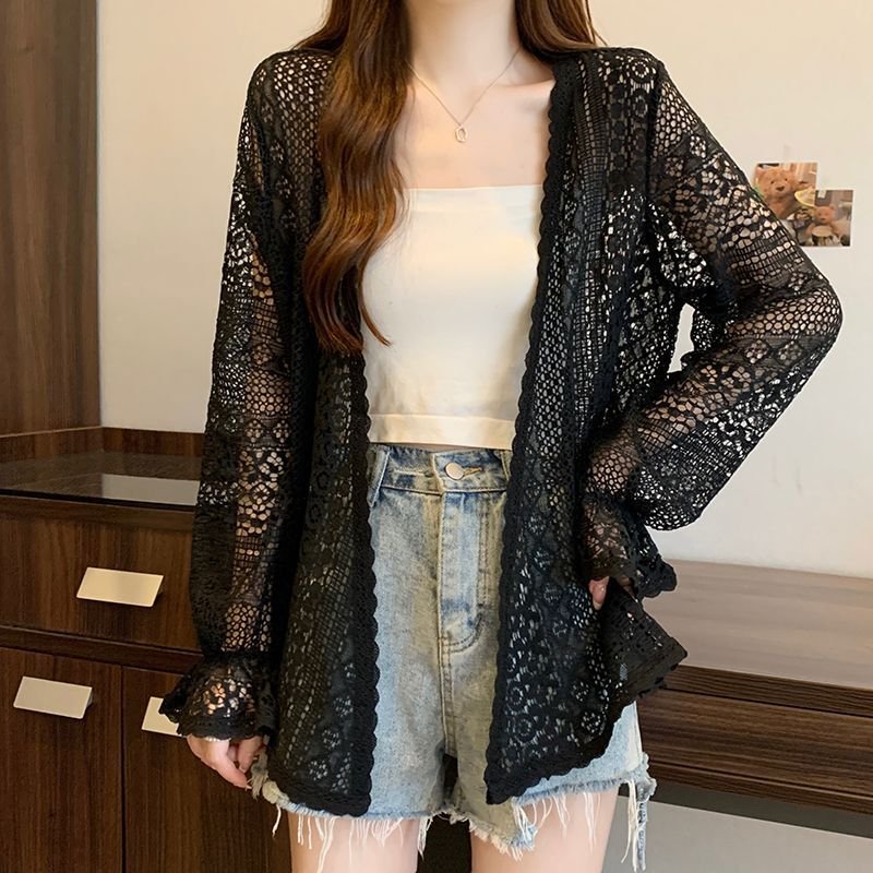 シャツ カーディガン 長袖 ゆったり 春夏 カジュアル 前開き 春 夏 レース ミモレ ベルスリーブ ポリエステル