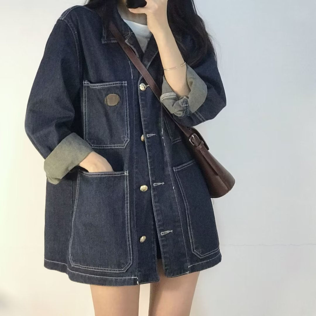 レディース シャツ トップス ジャケット 長袖 無地 ゆったり デニム 春 秋 レトロ 体型カバー 大きいサイズ 韓国風 春夏 前開き シンプル 襟付き ポケット デニムジャケット