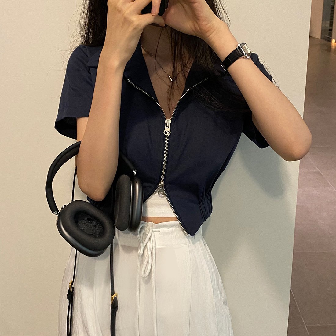 レディース シャツ コート 半袖 無地 春夏 レトロ 前開き 春 ショート 夏 シンプル 襟付き ファスナー レディースシャツ