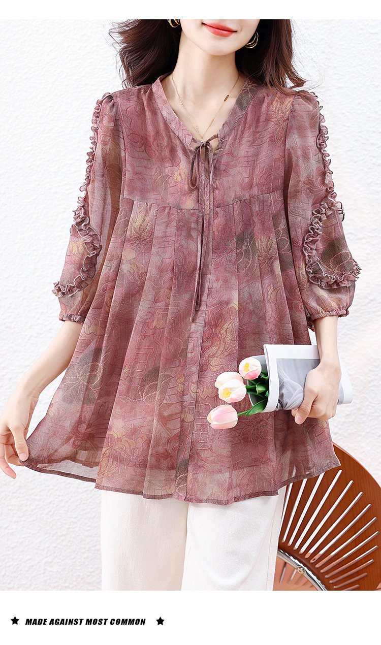 トップス 長袖 ゆったり 春夏 カジュアル きれいめ レトロ 体型カバー Vネック プリーツ 春 夏 ミモレ 上品 切り替えデザイン ポリエステル 着痩せ