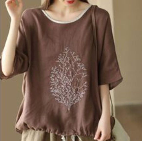 レディース トップス カットソー プルオーバー パイピング Tシャツ 半袖 ラウンドネック ストリート ハイウエスト ドロスト リネン 綿 コットン 麻 かわいい 大人可愛い きれいめ シンプル カジュアル おしゃれ レトロ プレッピー アクティブ ナチュラル リーフ ボタニカル 夏 お出かけ イベント リゾート 旅行 公園 女子会 休日 楽ちん 普段使い 着回し M L XL 2XL 3XL 4XL 小さいサイズ 大きいサイズ ビッグ ゆったり ゆる 茶色 ブラウン オフホワイト ベージュ オレンジ