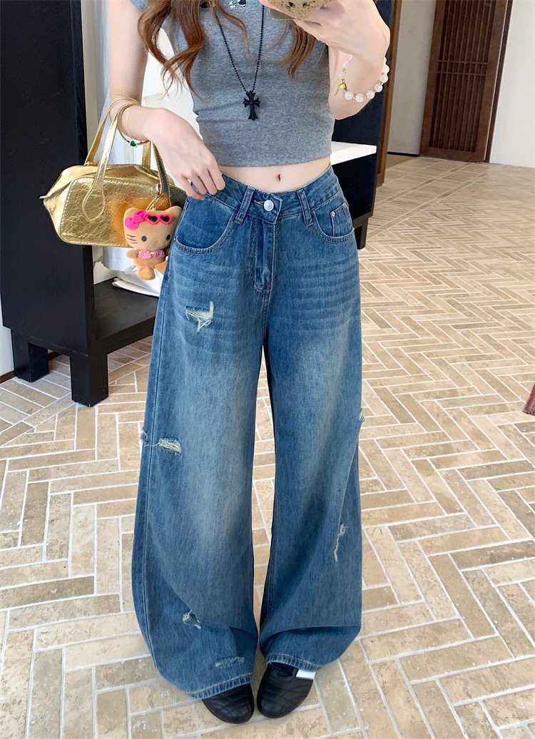 レディース パンツ ゆったり ワイド コットン 綿 デニム 春夏 カジュアル 春 夏 ロング デニムパンツ ブルー ハイウエスト ストレッチ ダメージ