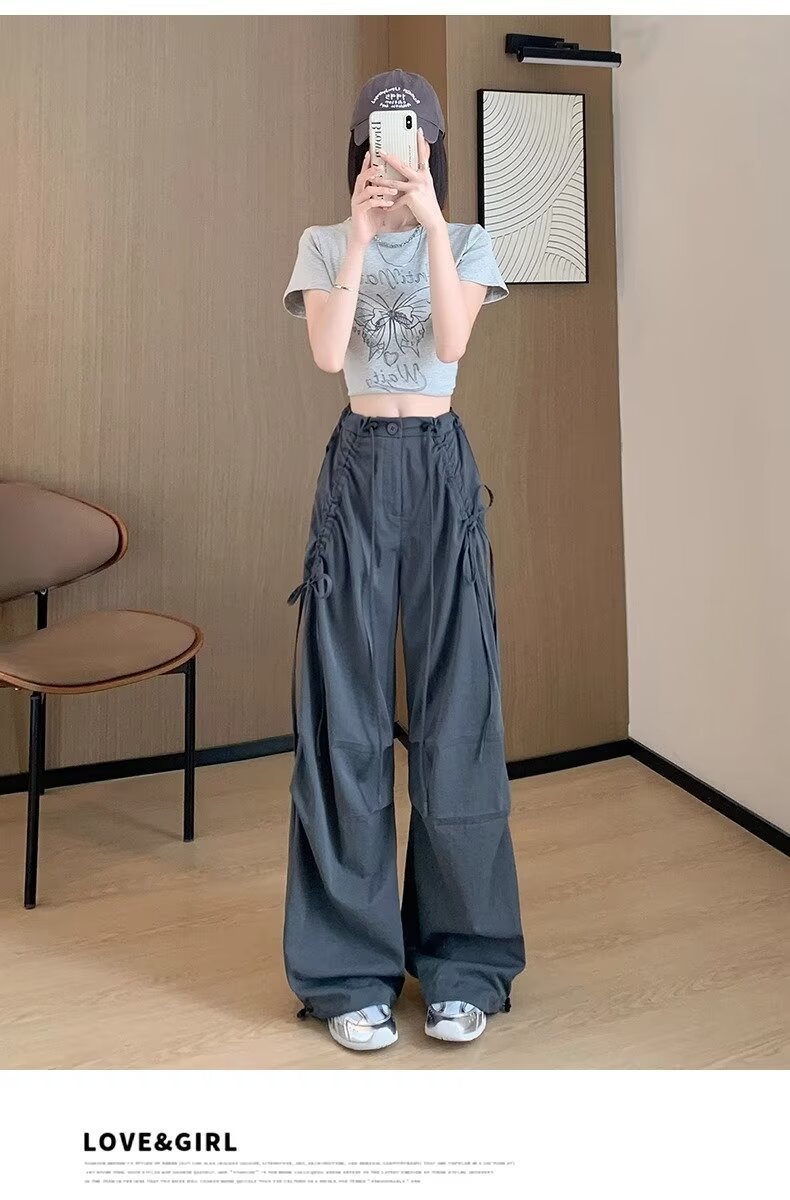 レディース パンツ ワイド カジュアル レトロ ストレート ワークパンツ 切り替えデザイン ストリート ポリエステル