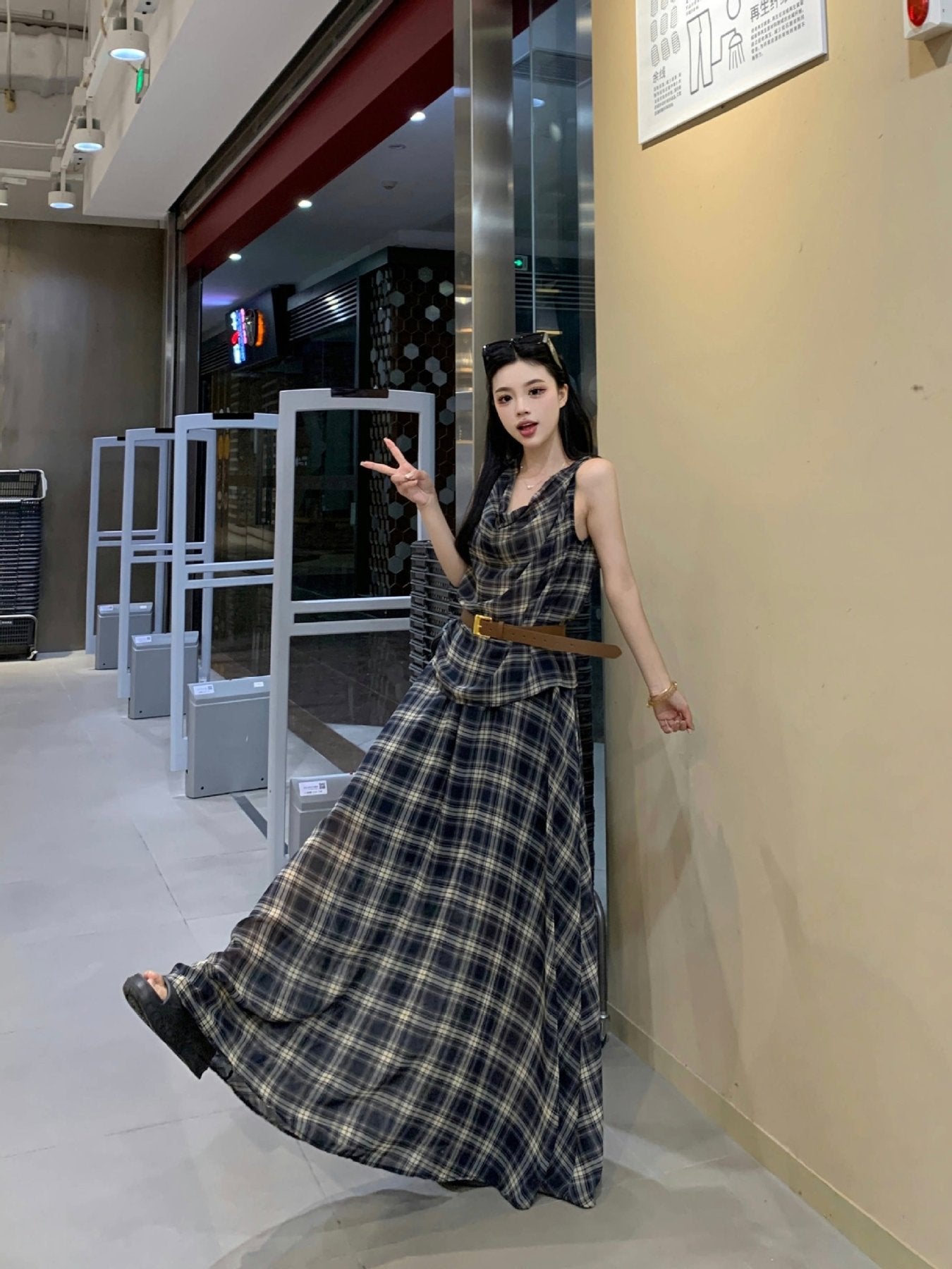 レディース スカート ノースリーブ チェック柄 スリム 春夏 カジュアル 大きいサイズ ボトムス 袖なし 春 夏 ミモレ ハイウエスト ヴィンテージ セットアップ