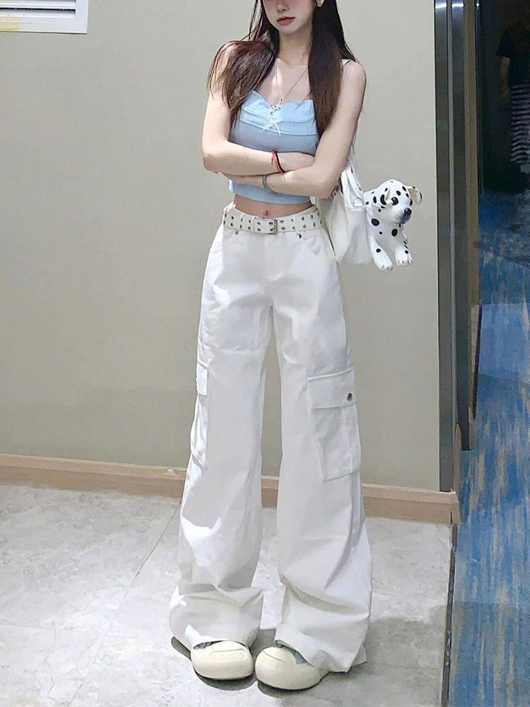 レディース パンツ ボトムス ロングパンツ ワイドパンツ カーゴパンツ ロング ワイド ストリート ポケット ハイウエスト かわいい シンプル カジュアル おしゃれ かっこいい こなれ感 メンズライク ボーイッシュ ラフ クール キュート 抜け感 無地 春 秋 ママ 通勤 学生 学校 通学 デート お出かけ 旅行 公園 女子会 休日 ショッピング お花見 カフェ 体型カバー 普段使い 着回し S M L XL  白 ホワイト ベーシックカラー