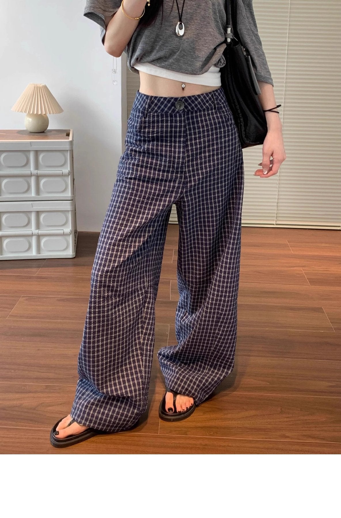 レディース パンツ チェック柄 ゆったり ワイド コットン 綿 春夏 カジュアル 春 夏 ロング 薄手 海 ハイウエスト