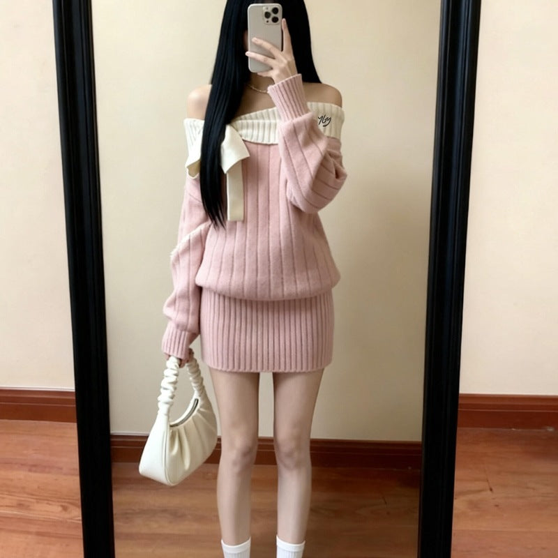 ワンピース ニット 長袖 秋 冬 ミニ 可愛い タイト 上品 オフショル ハイウエスト