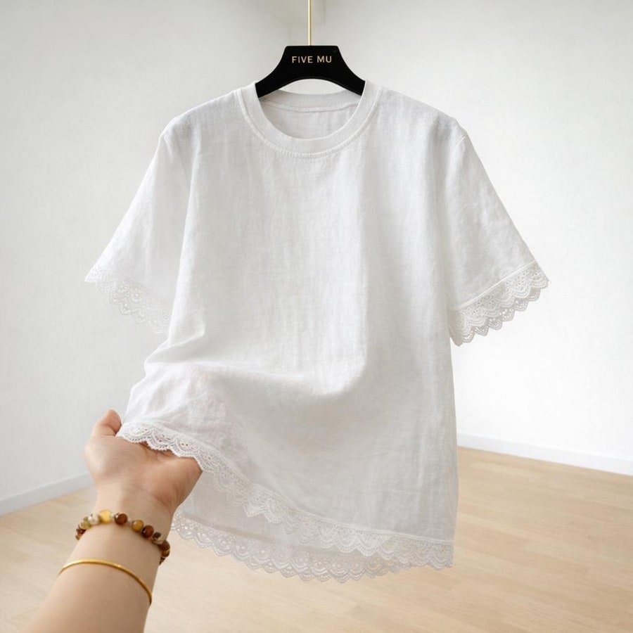 レディース トップス Tシャツ 半袖 プリント ゆったり リネン 春夏 カジュアル きれいめ 春 夏 膝丈 ラウンドネック レース 上品 シャツ 薄手
