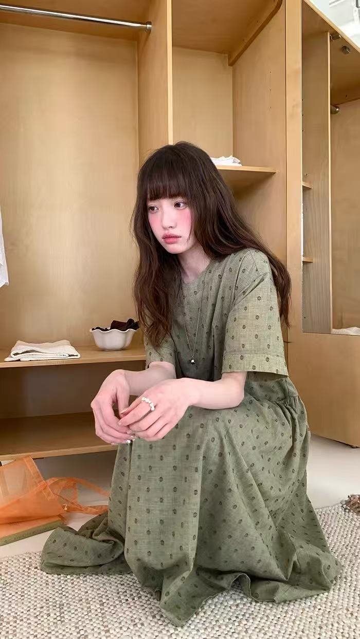 ワンピース 半袖 春夏 カジュアル きれいめ レトロ 体型カバー 通勤 春 夏 ラウンドネック ドット ロング Aライン