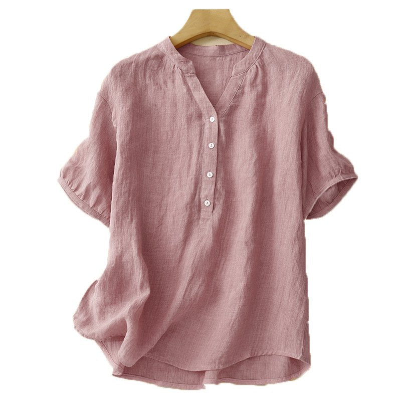 レディース シャツ トップス Tシャツ 半袖 無地 ゆったり コットン 綿 麻 春夏 カジュアル レトロ 前開き 春 夏 シンプル 切り替えデザイン 都会的 レギュラー