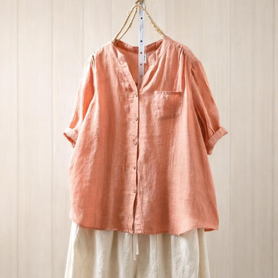 レディース シャツ トップス 半袖 ゆったり リネン 春夏 カジュアル レトロ 前開き Vネック 春 夏 薄手