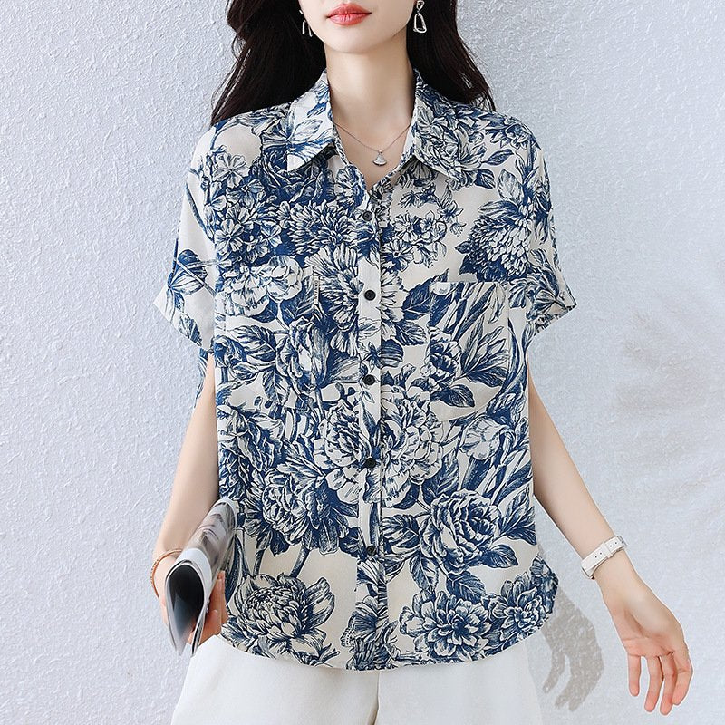 レディース シャツ トップス 半袖 花柄 プリント ゆったり 春夏 きれいめ 体型カバー 前開き 春 夏 フラワー 上品 ロング 切り替えデザイン 襟付き ボタン ポリエステル