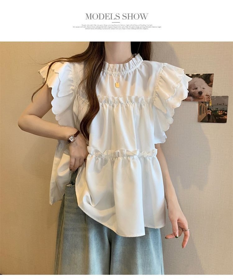 レディース ブラウス シャツ トップス 半袖 ノースリーブ ゆったり スリム 春夏 きれいめ 体型カバー 前開き 袖なし 春 夏 ハイネック 上品 フリル プルオーバー スタンドカラー タイ