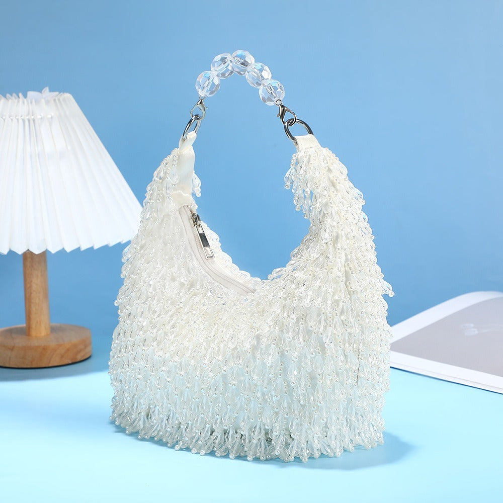 バッグ 華やか クリアビーズ パーティバッグ キラキラ ビーズ刺繍 ビーズ タッセル ビーズタッセル ハンドバッグ ミニバッグ プレゼント かわいい 大人可愛い きれいめ 上品 お洒落 キュート 主役級 存在感 フォーマル 華やか クリア フェミニン デート お出かけ パーティー イベント 女子会 休日 ショッピング カフェ 普段使い 双子 韓国 コーデ スタイル 高見え 格上げ モテ インスタ映え 春 夏 結婚式 披露宴 ホワイト オフホワイト