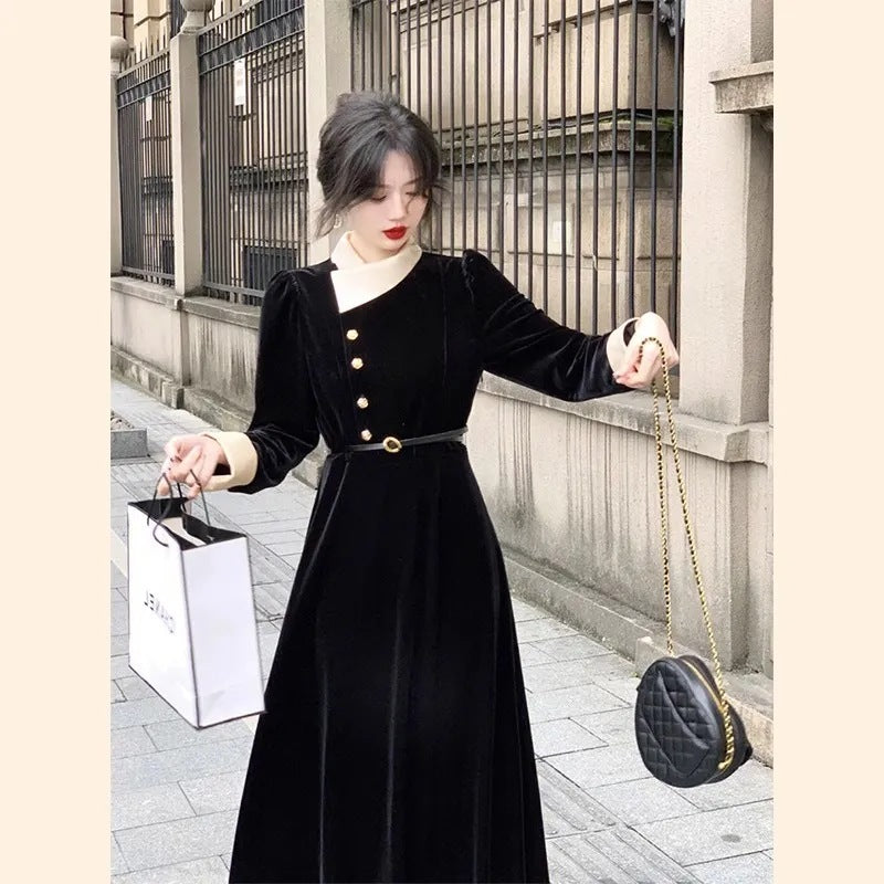 レディース ワンピース 膝下 ミモレ ロング 長袖 襟付き Aライン フェミニン コンサバ 切り替えデザイン バイカラー 配色 かわいい 大人可愛い きれいめ シンプル 上品 おしゃれ こなれ感 クール エレガント 存在感 かっちり 都会的 クラシカル シック 無地 秋 冬 誕生日 会議 ミーティング ママ オフィス OL 通勤 デート お出かけ イベント レストラン 女子会 休日 ホテル ショッピング コンサート カフェ 婚活 コーデ 体型カバー 清楚 4XL 大きいサイズ 黒 ブラック 大人カラー