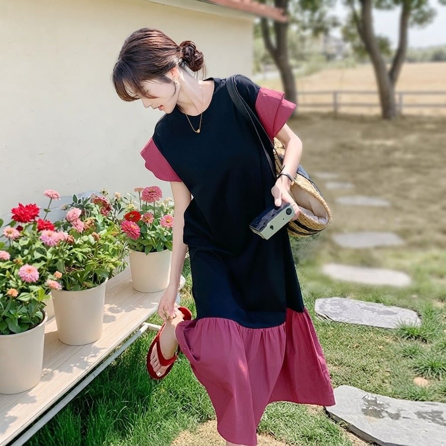 ワンピース ドレス 半袖 無地 春夏 きれいめ 通勤 春 夏 ラウンドネック シンプル ロング タイト 大きい フレア フレンチスリーブ 切り替えデザイン 細身 Aライン