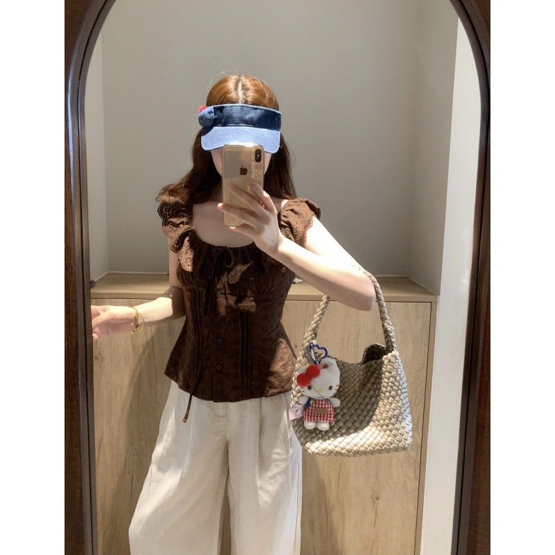 レディース シャツ 半袖 コットン 綿 春夏 きれいめ 前開き 春 夏 ラウンドネック 上品 クルーネック フリル オフショルダー ロリータ レギュラー