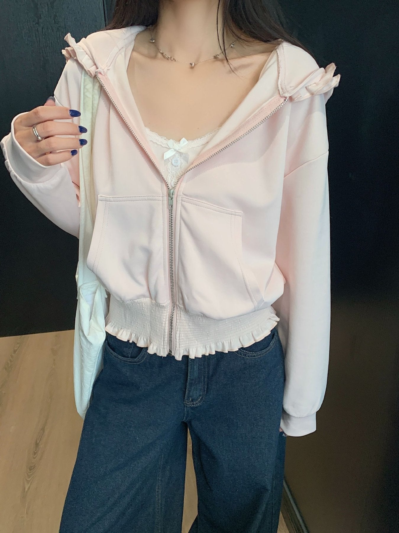 レディース トップス パーカー 長袖 無地 ゆったり 春夏 きれいめ 体型カバー 春 ショート 夏 シンプル 上品 フリル ラフ ピンク フード