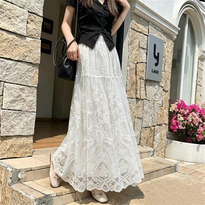 レディース スカート 無地 春夏 カジュアル 春 夏 レース 上品 ロング 切り替えデザイン ハーフ ハイウエスト ストレッチ ロングスカート