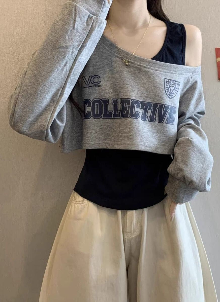 レディース トップス スウェット ツーピーストップス アシンメトリー 長袖 タンクトップ ワンショルダー かわいい カジュアル おしゃれ かっこいい こなれ感 ラフ スポーティー ガーリー ルーズ 個性的 存在感 キュート 学生風 アメリカン アクティブ 無地 ロゴ 春 秋 通勤 学生 デート お出かけ アウトドア イベント 旅行 公園 女子会 休日 ショッピング 合コン カフェ ランチ 重ね着 韓国 モテ トレンド S M L XL 2XL 大きいサイズ グレー ベージュ ベーシックカラー 秋カラー