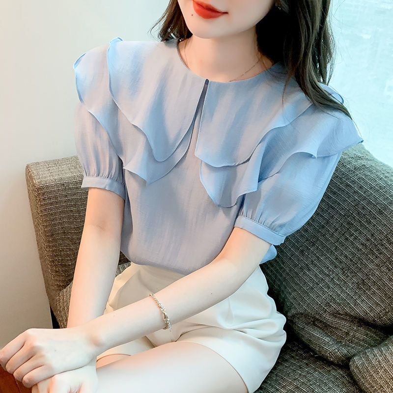 レディース トップス シャツ ブラウス 半袖 ボリューム袖 パフスリーブ フリルカラー ダブルカラー フェミニン シフォン かわいい 大人可愛い きれいめ シンプル 上品 おしゃれ ガーリー エレガント ラブリー キュート クラシカル ロマンティック 無地 春 夏 OL 通勤 デート お出かけ パーティー イベント レストラン 休日 ショッピング 普段使い 着回し 清楚 トレンド 流行 インスタ映え S M L XL 2XL 3XL 小さいサイズ 白 ホワイト オフホワイト ピンク 水色 ライトブルー