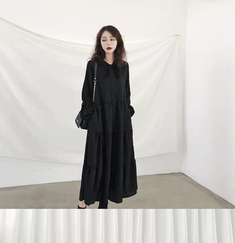 ワンピース 無地 春 きれいめ レトロ 通勤 春夏 シンプル シフォン ブラック