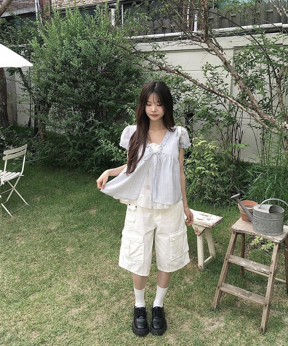 レディース シャツ トップス 半袖 ボーダー ストライプ 無地 ゆったり 春夏 きれいめ 体型カバー 韓国風 前開き Vネック 春 夏 シンプル 上品 リボン 切り替えデザイン プルオーバー レギュラー ポリエステル