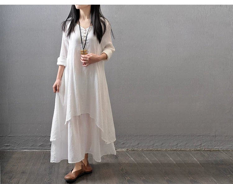ワンピース ドレス 長袖 無地 春夏 Vネック 春 夏 シンプル 秋 ロング 上品