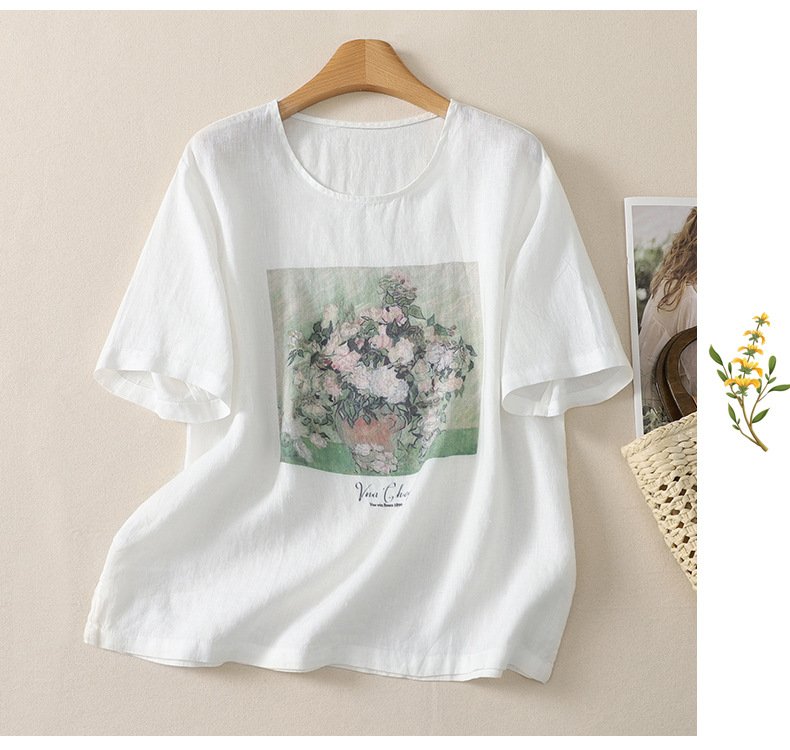 トップス Tシャツ 半袖 プリント ゆったり コットン 綿 リネン 春夏 きれいめ レトロ 通勤 体型カバー 春 夏 ラウンドネック シャツ 都会的 レギュラー 丸首