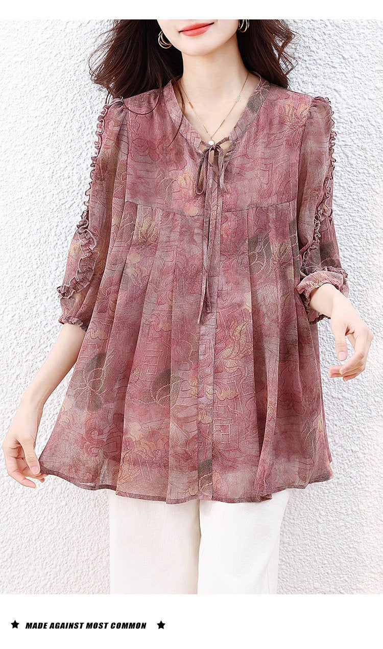 トップス 長袖 ゆったり 春夏 カジュアル きれいめ レトロ 体型カバー Vネック プリーツ 春 夏 ミモレ 上品 切り替えデザイン ポリエステル 着痩せ