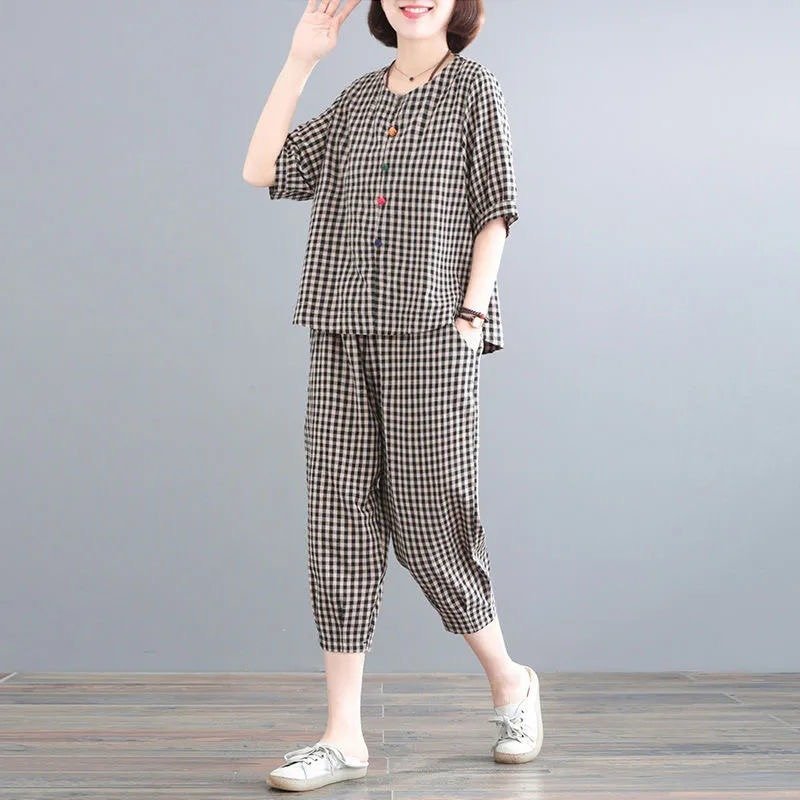 レディース パンツ チェック柄 コットン 綿 春夏 カジュアル レトロ 大きいサイズ ボトムス 春 夏 ブラック ミモレ パフスリーブ 9分丈 レッド スーツ ポリエステル