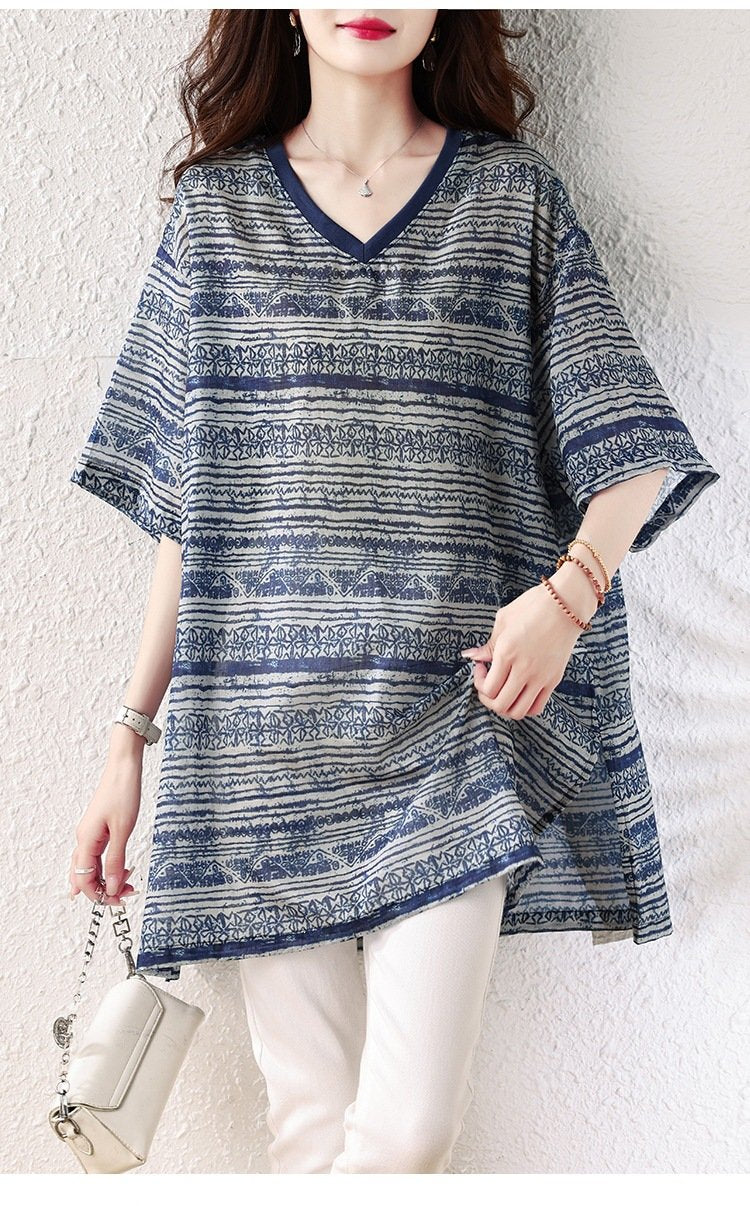 レディース トップス Tシャツ 半袖 プリント ゆったり 春夏 きれいめ 体型カバー 大きいサイズ Vネック 春 夏 上品 シャツ エスニック 襟付き レギュラー ポリエステル