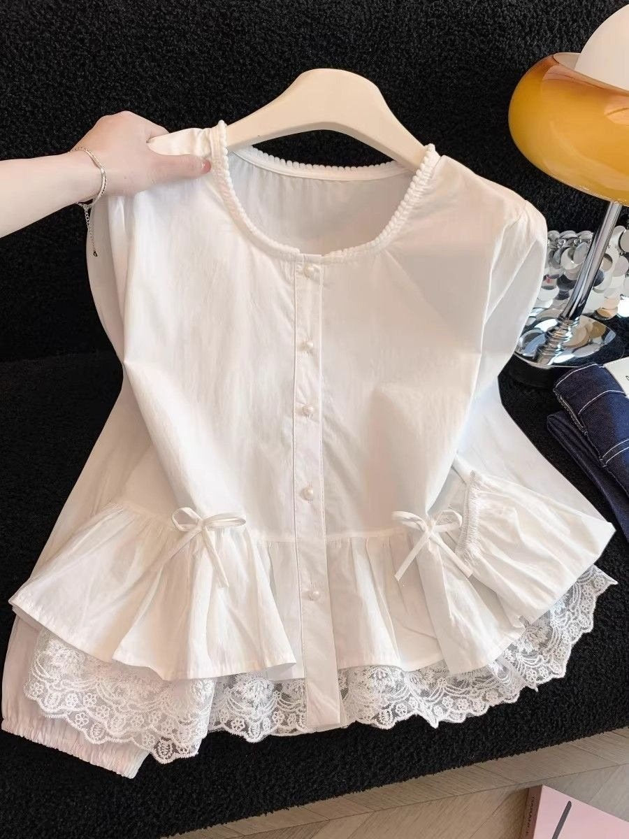 レディース シャツ トップス スカート ノースリーブ 春夏 きれいめ 前開き 袖なし かわいい 春 夏 ラウンドネック レース 上品 フリル パフスリーブ ボタン