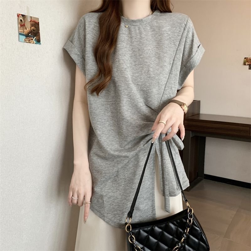 Tシャツ 半袖 ゆったり 春夏 カジュアル 春 夏 ラウンドネック レース ミモレ シャツ タイ レースアップ