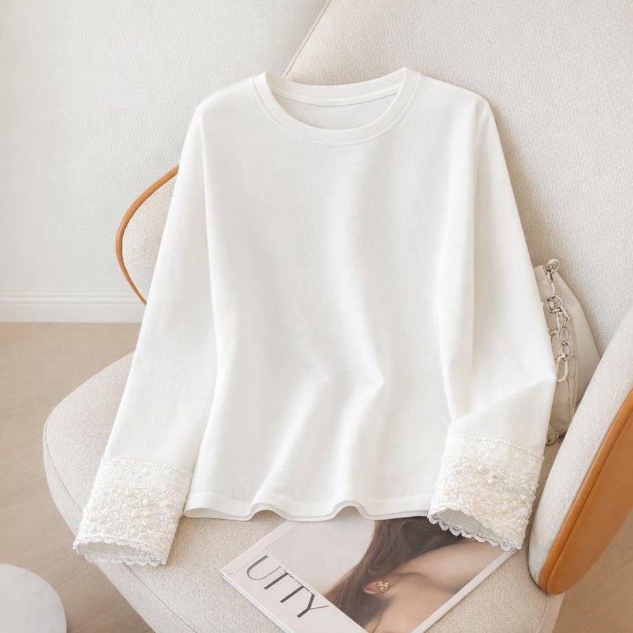 レディース Tシャツ 長袖 無地 春夏 きれいめ 春 白 夏 膝丈 ラウンドネック レース シンプル 上品 シャツ 切り替えデザイン ポリエステル