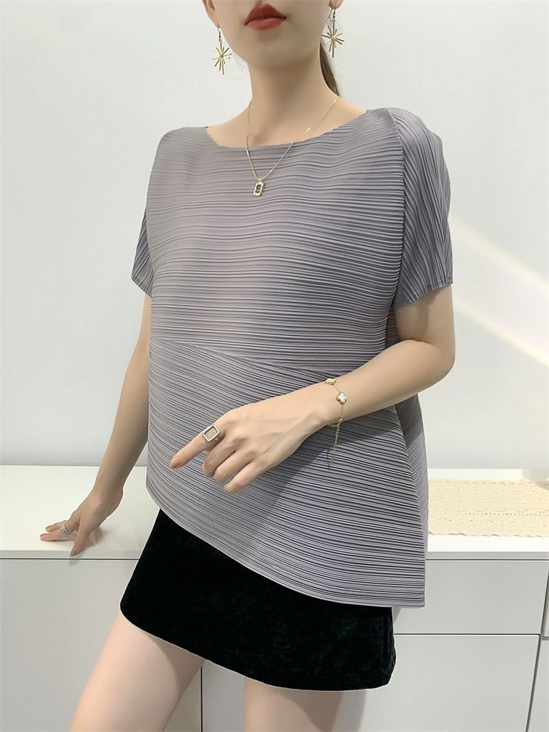レディース シャツ Tシャツ 半袖 無地 スリム 春夏 カジュアル きれいめ 通勤 前開き プリーツ 春 夏 タイト シンプル 細身 オフショルダー タイ 都会的 レギュラー ポリエステル 快適 着痩せ