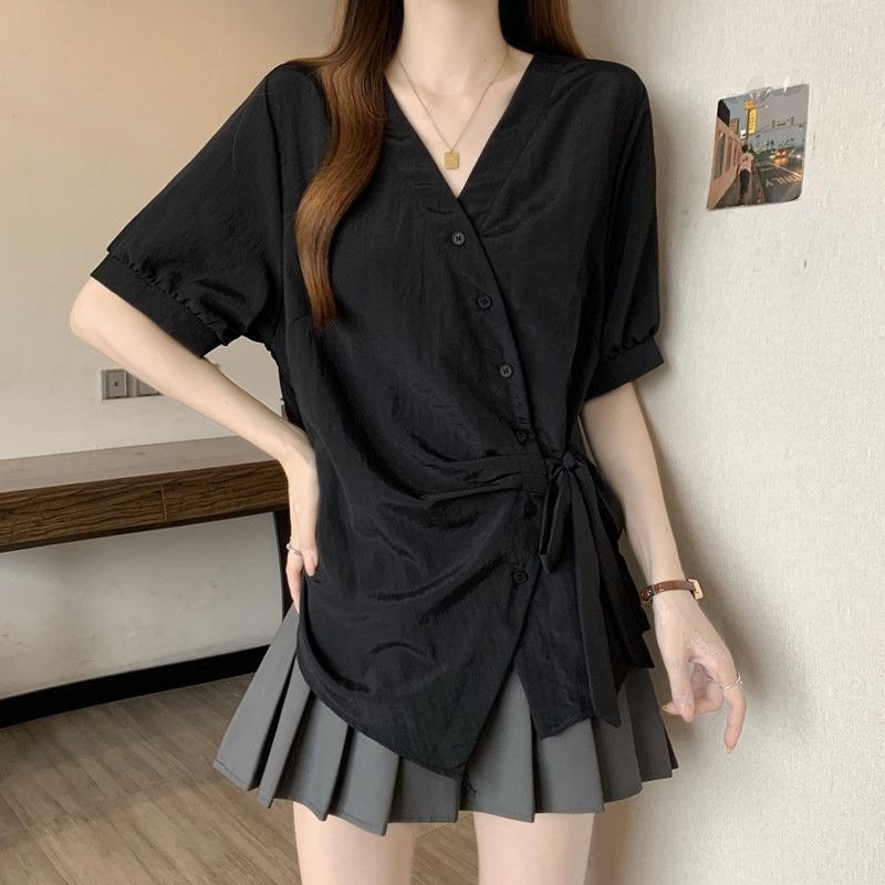 レディース シャツ トップス Tシャツ 半袖 無地 スリム 春夏 きれいめ 通勤 大きいサイズ 前開き Vネック 春 夏 シンプル リボン 個性的 レギュラー ボタン ポリエステル