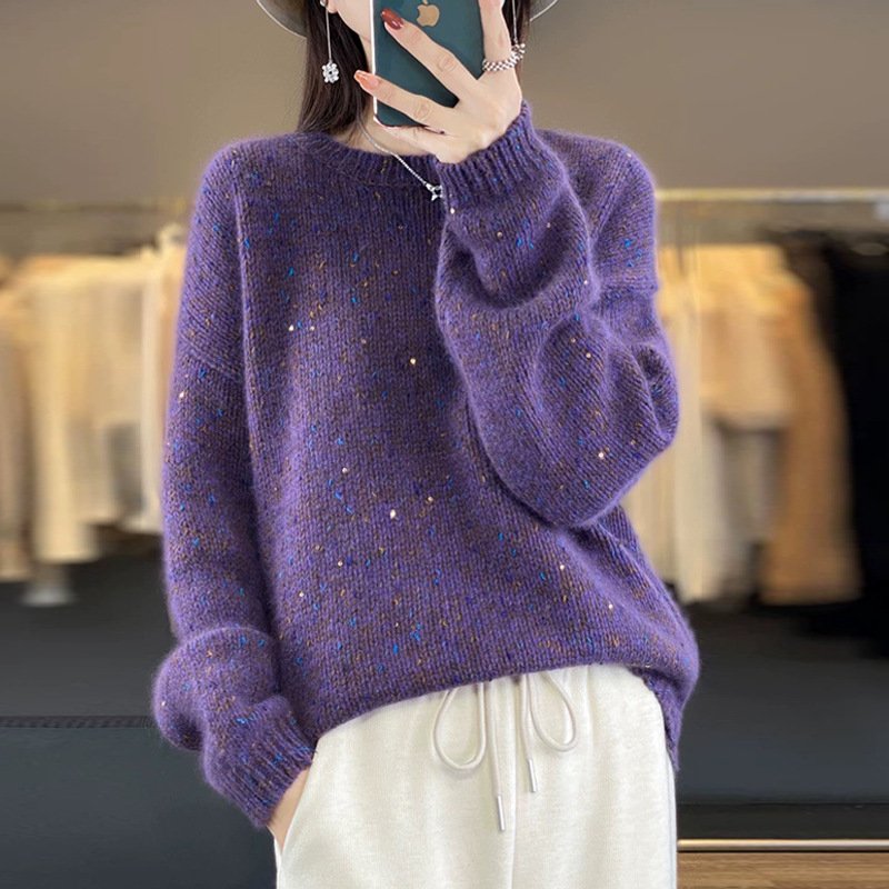 レディース トップス ニット 長袖 ゆったり 秋冬 秋 きれいめ 通勤 体型カバー 大きいサイズ 膝丈 ラウンドネック 冬 ウール セーター プルオーバー スパンコール インナー ポリエステル