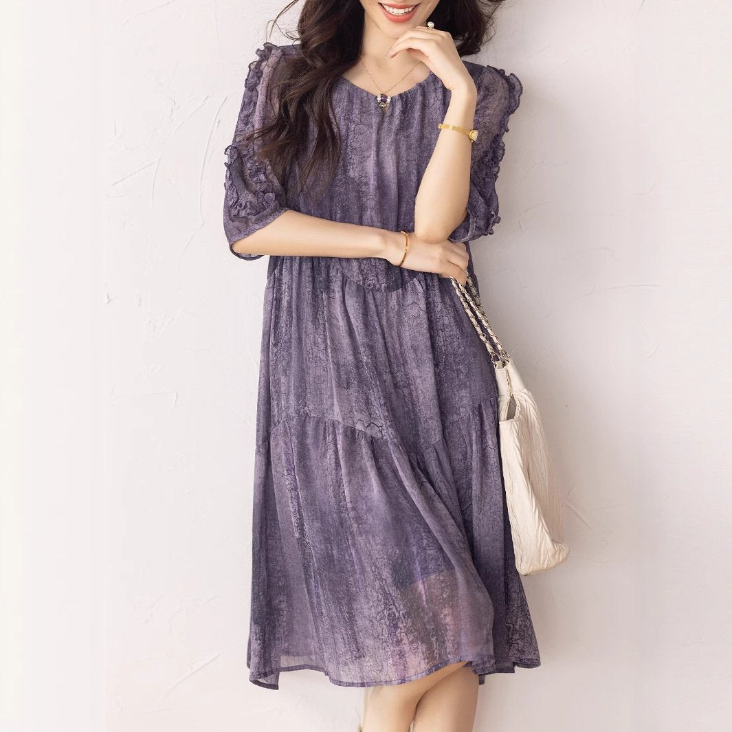 ワンピース 半袖 春夏 きれいめ 春 夏 ラウンドネック ミモレ シフォン 上品 ハイウエスト