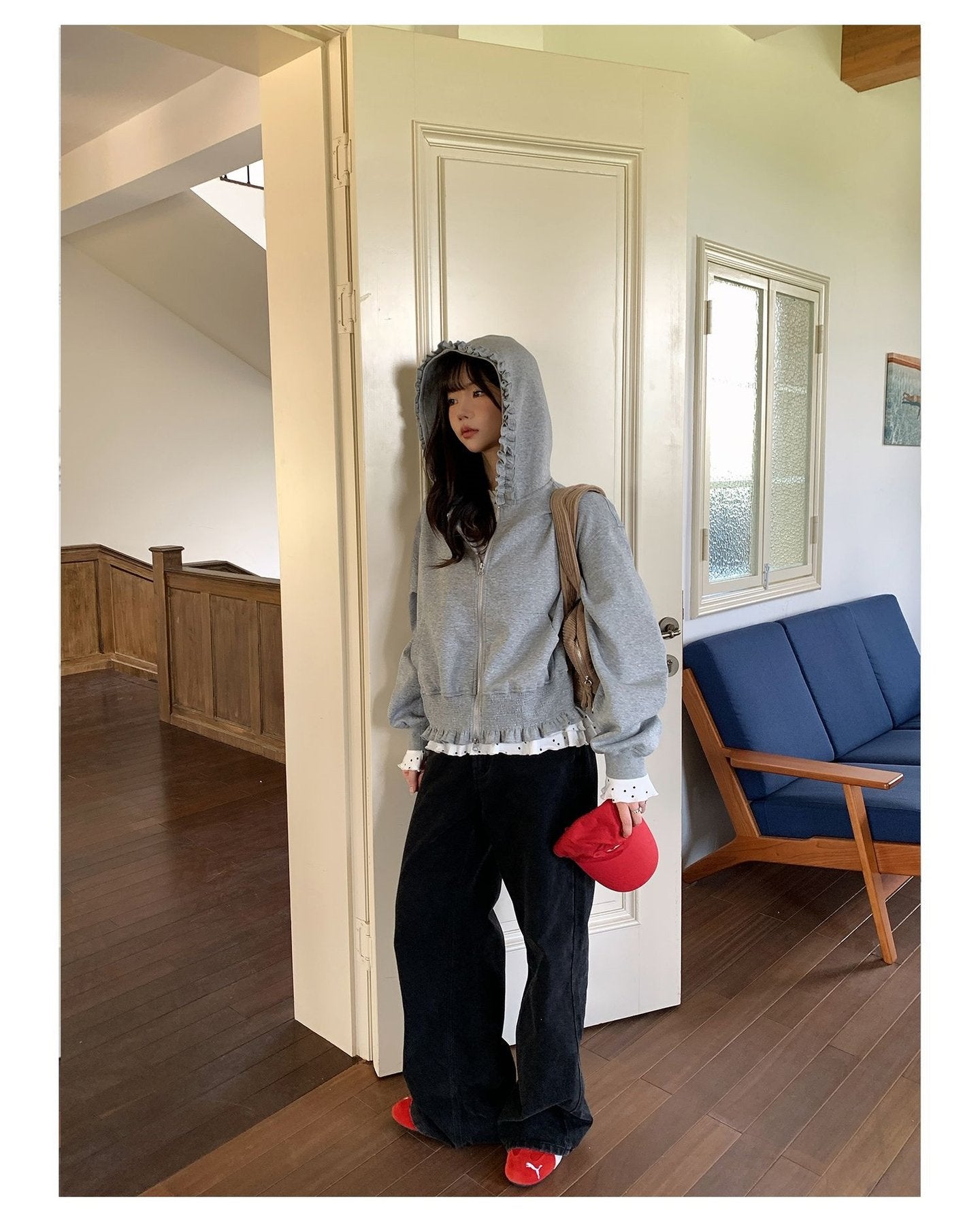 レディース トップス パーカー 長袖 無地 ゆったり 春夏 きれいめ 体型カバー 春 ショート 夏 シンプル 上品 フリル ラフ ピンク フード