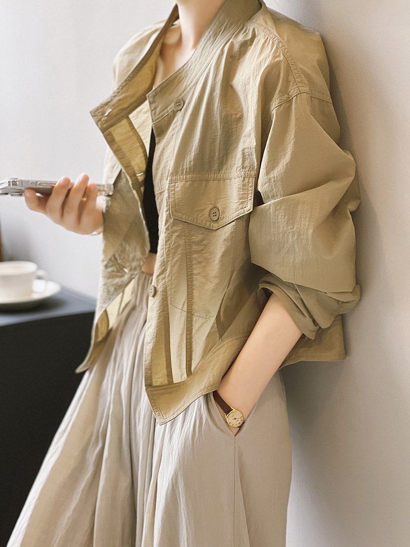 レディース シャツ コート 長袖 夏 韓国風 春夏 前開き ショート 薄手 スタンドカラー アウター ボタン ポリエステル