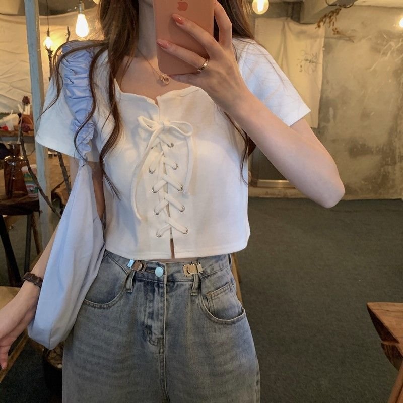 レディース トップス Tシャツ 半袖 オーバーサイズ スリム 春夏 きれいめ レトロ Vネック 春 夏 スクエアネック 上品 シャツ ハイウエスト