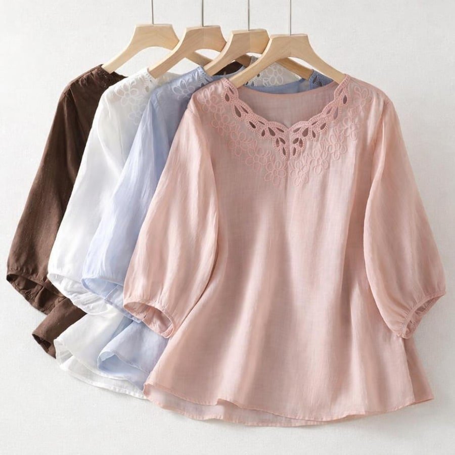 レディース シャツ Tシャツ 半袖 コットン 綿 デニム 春夏 カジュアル きれいめ 通勤 前開き 春 夏 刺繍 薄手 プルオーバー 透けない
