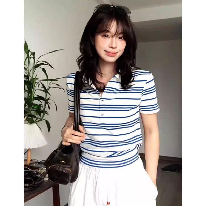 シャツ トップス Tシャツ 半袖 ボーダー ストライプ コットン 綿 春夏 前開き ミニ 春 白 ショート 夏 フェミニン レギュラー