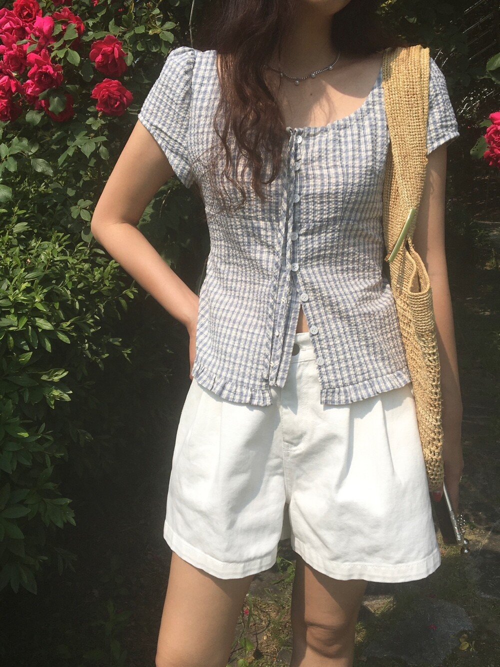 シャツ 半袖 チェック柄 春夏 前開き 春 夏 ラウンドネック フリル