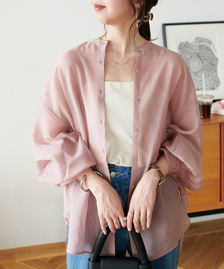 シャツ 長袖 春夏 きれいめ 前開き Vネック 春 夏 上品 薄手 タイ シアー アウター ポリエステル 柔らかい