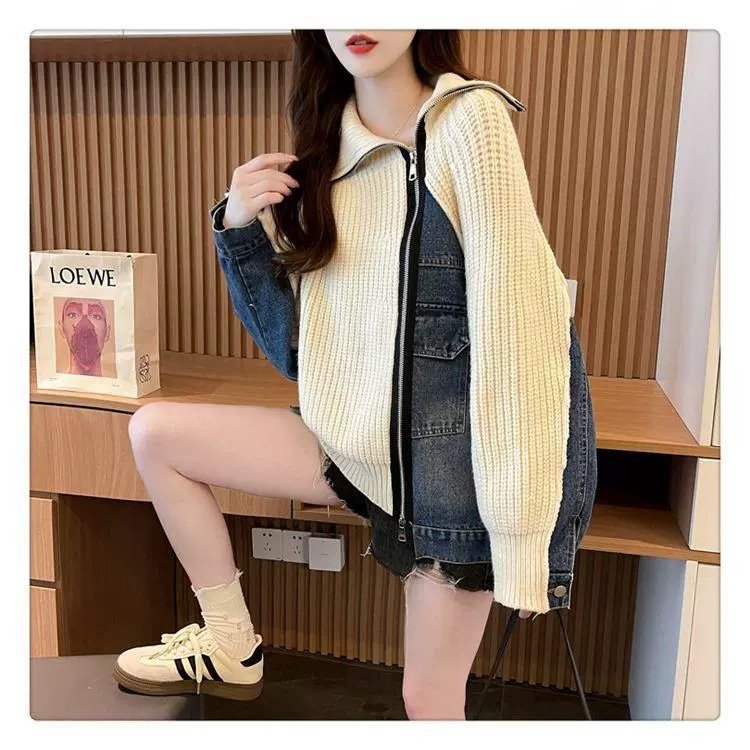 レディース ニット カーディガン コート 長袖 ゆったり デニム 秋 体型カバー 膝丈 セーター 襟付き ファスナー