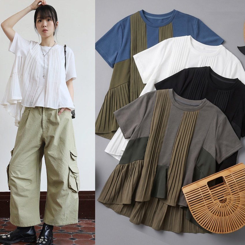 レディース トップス Tシャツ 半袖 無地 春夏 レトロ プリーツ 春 夏 シンプル シフォン シャツ