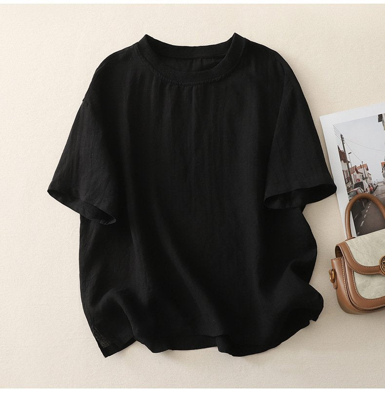 レディース トップス Tシャツ 半袖 無地 ゆったり 春夏 カジュアル レトロ 春 夏 ラウンドネック シンプル シャツ 切り替えデザイン プルオーバー リブ レギュラー ポリエステル