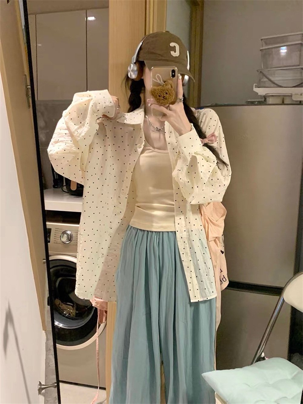レディース シャツ ジャケット 長袖 ドット柄 ゆったり 夏 カジュアル 体型カバー 韓国風 春夏 前開き 薄手 切り替えデザイン スリット 襟付き ラップ ポリエステル ドット